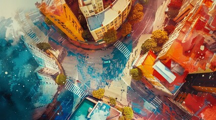 Abstract Aerial View of Colorful Urban Intersection