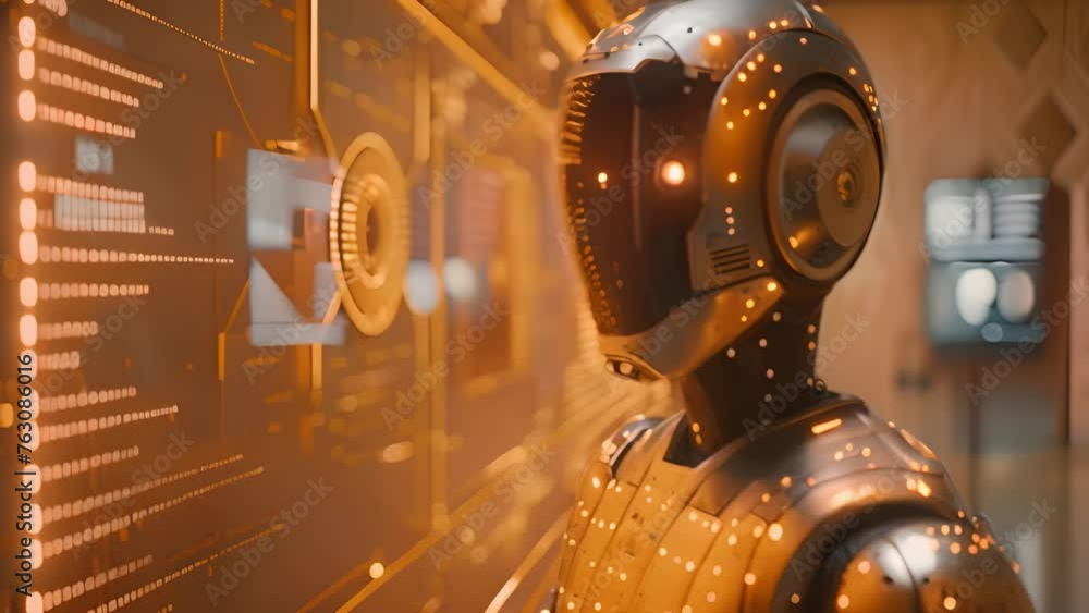 Poster futuristic tech: robot interacts with holographic display panel.