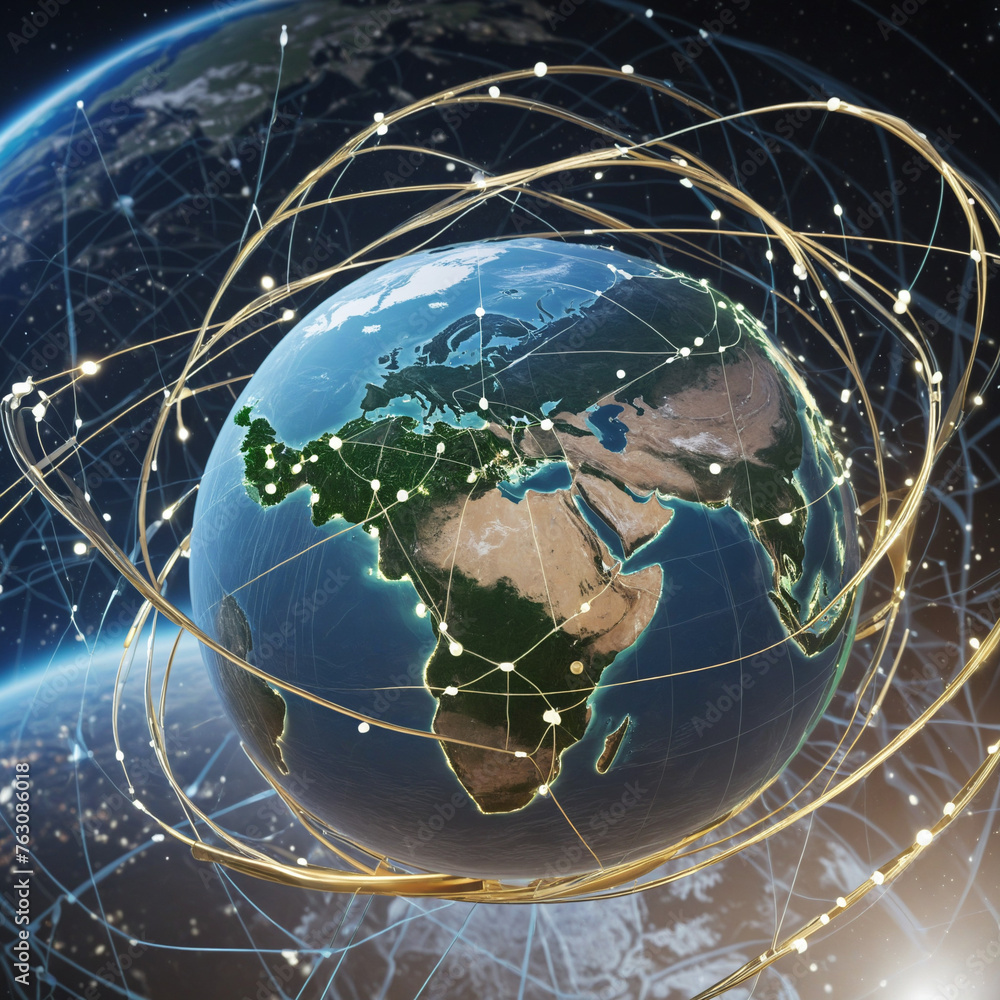 Poster world map of planet earth with connected digital data network and technology
