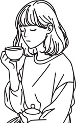 a girl drinking tea, minimal design, outline with solid fill color, background white vector illustration line art