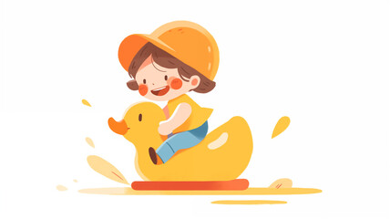 Hand drawn cartoon children's day illustration of a child riding a little yellow duck