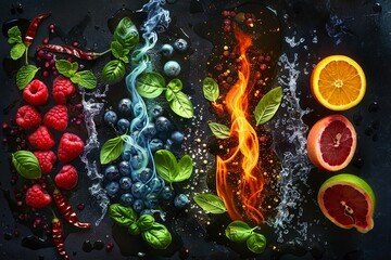 Elemental Clash of Fire and Water with Fresh Fruits