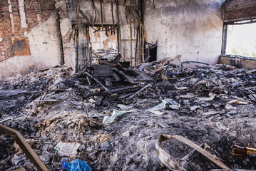 Interior of destroyed City Council building in Mariupol city during Russo-Ukrainian War in Donbas...
