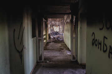 Interior of destroyed City Council building in Mariupol city during Russo-Ukrainian War in Donbas region, Ukraine