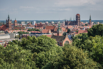 Aerial view from Gradowa mount of Old Town of Gdansk city, Poland - obrazy, fototapety, plakaty