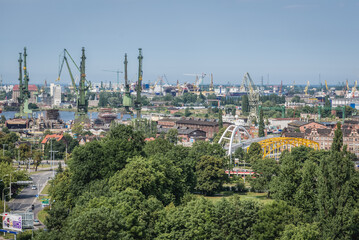 Aerial view from Gradowa mount with Gdansk Shipyard, Gdansk city, Poland - obrazy, fototapety, plakaty