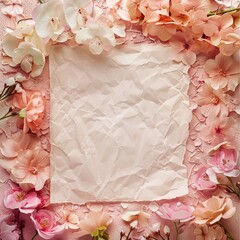 Crumpled paper with pink cherry blossoms on a soft pink background. Springtime concept with copy space, ideal for invitations and greeting card designs