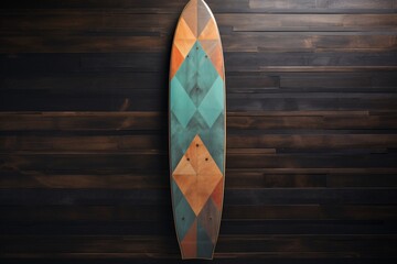 a colorful skateboard on a wood wall