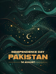 Artistic poster design celebrating Pakistan Independence Day with stars and crescent. - obrazy, fototapety, plakaty
