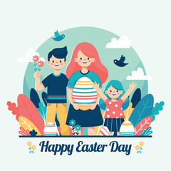 Flat illustration family celebrating easter day in spring scene