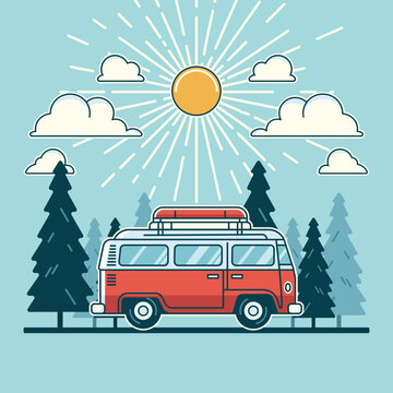 Flat illustration caravan van traveling with pine trees background