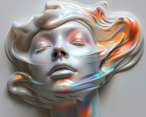 Elegant sculpture of a face in matte white plastic, with rainbow liquid gracefully draping over...