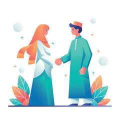 Obraz premium Flat illustration of muslim couple hand shake forgiving each other celebrating eid al-fitr