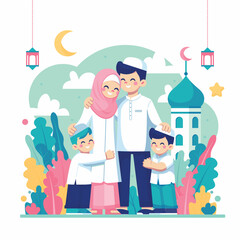 Flat Illustration of Muslim Family Embracing and Forgiving Each Other, Celebrating Eid al-Fitr and Eid al-adha