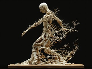 Hyperrealistic render of a wooden figure, intricately carved, with limbs gracefully morphing into natural elements, isolated on black high resolution - obrazy, fototapety, plakaty