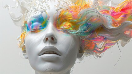 Hyperrealistic render of a mannequin head, pristine white plastic, with an explosion of rainbow colors streaming from the crown super detailed