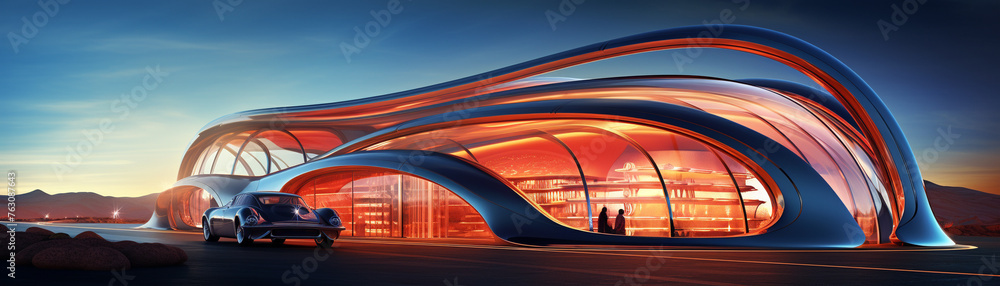 Poster a large building with a car parked in front of it. the building is curved and has a lot of windows