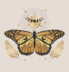 Vector illustration with golden butterfly. Abstract mystic sign. Black linear shape. For you design, magic craft.