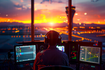 Sky High Operations: Air Traffic Controllers in Action at Airport Tower with Navigation Screens and Departure Data