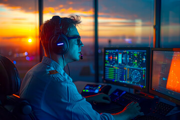 Sky High Control: Air Traffic Controllers Overseeing Airport Operations with Precision - obrazy, fototapety, plakaty