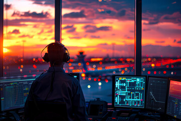 Airport Tower Communication: Air Traffic Controllers Manage Departures and Arrivals with Navigation Screens and Panoramic Views