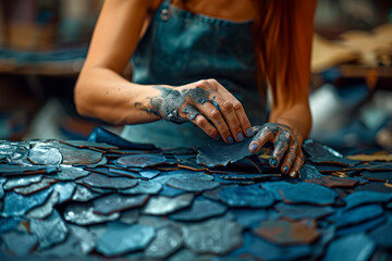 Crafting with Precision: Skilled Female Leather Artisan Working on Leather Blanks - obrazy, fototapety, plakaty