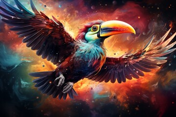A vibrant toucan with a colorful beak is soaring gracefully through the air. Its wings are outstretched, showcasing a stunning display of bright feathers as it moves effortlessly through the sky