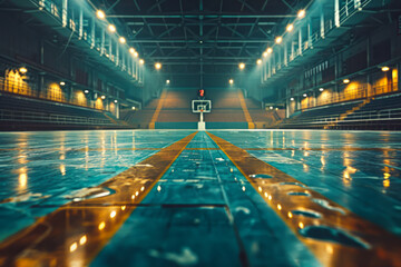 Desolate basketball court in an abandoned arena: a photographer's perspective on emptiness and solitude - obrazy, fototapety, plakaty