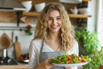 Cute, young girl in kitchen holding plate with salad of fresh vegetables, herbs and smiling
