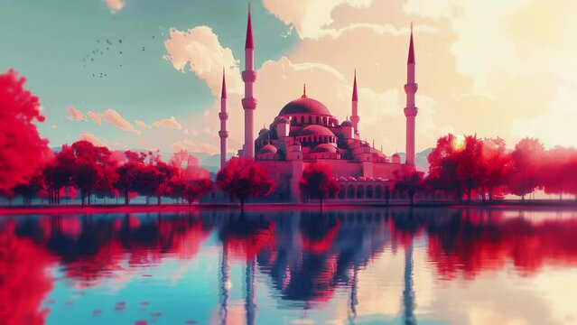 Beautiful view of the red mosque with water reflections, eid mubarak, ramadhan kareem. 