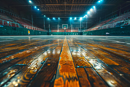 Desolate basketball court and empty stadium create a hauntingly beautiful scene for photographers and content creators alike