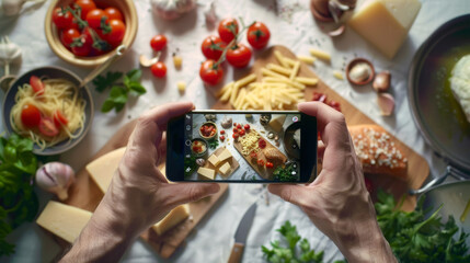 Naklejka na ściany i meble Hands hold a smartphone taking a photo of a pasta dish surrounded by ingredients on a kitchen table.