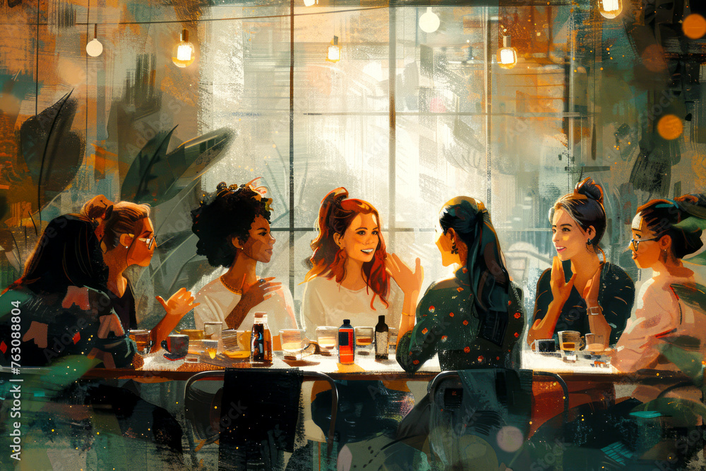 Wall mural Empowered Female Entrepreneurs: Collaborating and Celebrating Success at a Cafe Business Meeting