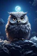 An owl sitting atop a rocky surface illuminated by the full moon in the night sky