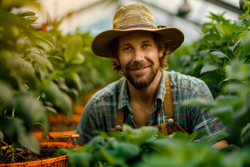 Greenhouse Gardener: A Portrait of a Male Horticulturist in Action - obrazy, fototapety, plakaty