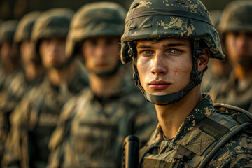 Brave Warrior: Capturing the Essence of a Male Soldier in Military Uniform Surrounded by Comrades - obrazy, fototapety, plakaty