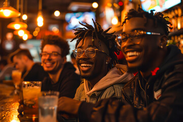 Three ecstatic buddies enjoying the game at the pub, bursting into laughter - a snapshot of pure joy and camaraderie! - obrazy, fototapety, plakaty