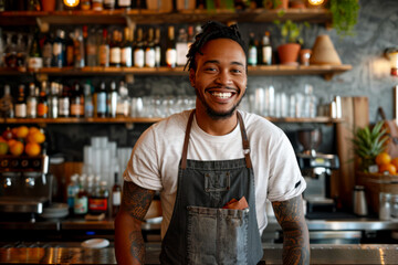Obraz premium Happy bartender serving drinks at the bar in a lively restaurant setting.