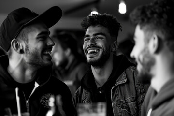 Fototapeta premium Joyful Trio: Three Men Cheering at the Bar During Soccer Matches