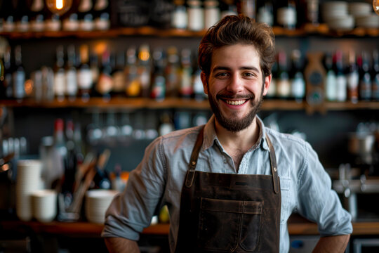 Happy Bartender Serving Drinks Behind The Bar In A Cozy Restaurant