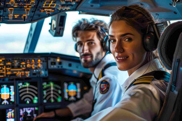 Male and Female Pilots in Cockpit of International Passenger Flight: Dashboard Controls and Monitors