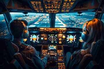 International Flight Captains: Male and Female Pilots in Cockpit with Dashboard Controls and Monitors - obrazy, fototapety, plakaty