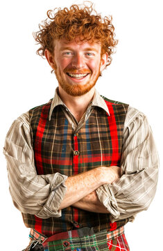 Portrait of a smiling Scottish man with red hair and wearing a kilt