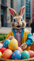 Fototapeta na wymiar Cute cartoon Easter rabbit with basket.