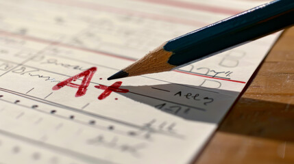 A pencil lies next to a test paper marked with an A+ grade.