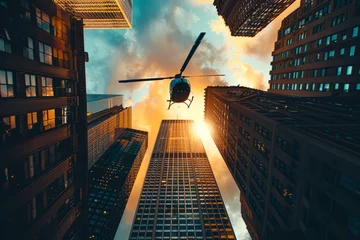 Zelfklevend Fotobehang Urban Skyline: A Black Helicopter Soars Among Skyscrapers © Fernando Cortés