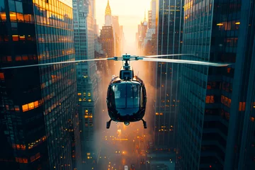 Poster Urban Skyscraper Soars: A Black Helicopter's Flight Through the City © Fernando Cortés