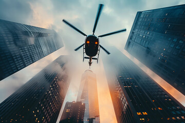 Urban Skyscraper Safari: A Black Helicopter Soars Through the Cityscape