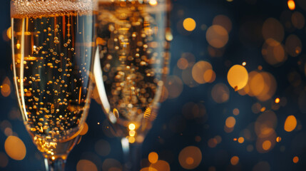 Two glasses of sparkling champagne with a golden bokeh background are raised in a toast. - obrazy, fototapety, plakaty