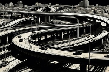A black and white view of a busy highway with multiple cars navigating through lanes, entering, and exiting. The traffic flow is constant, with vehicles moving in different directions - obrazy, fototapety, plakaty